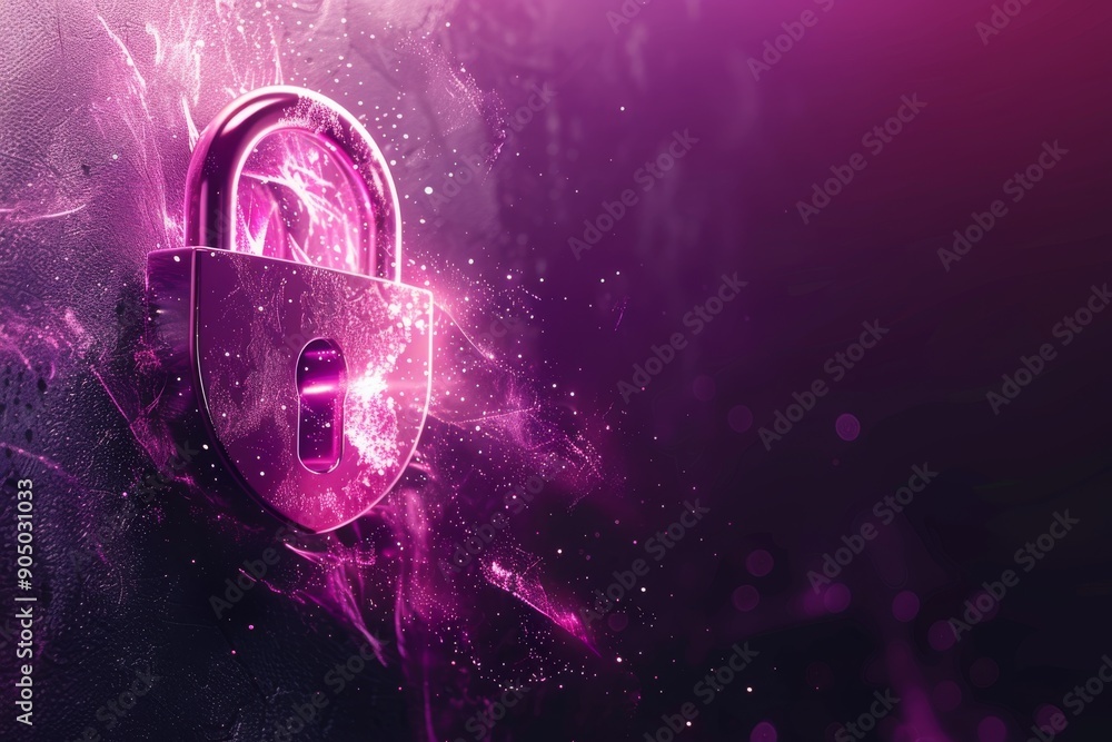 Poster mysterious purple digital padlock in a glowing abstract tech environment underscores virtual securit
