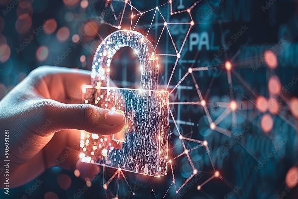 Poster hand interacting with a digital lock hologram in a futuristic tech environment, emphasizing cybersec