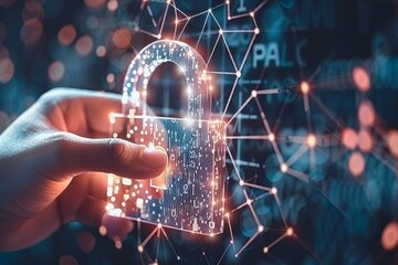 Hand interacting with a digital lock hologram in a futuristic tech environment, emphasizing cybersecurity.