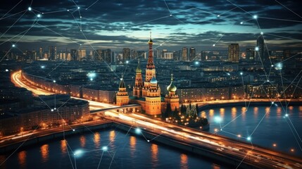 Obraz premium Nighttime Cityscape with St. Basil's Cathedral and Network Connections