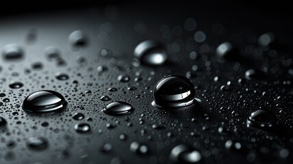 A black glass surface with water drops on it, the drops are large and reflect the surrounding space