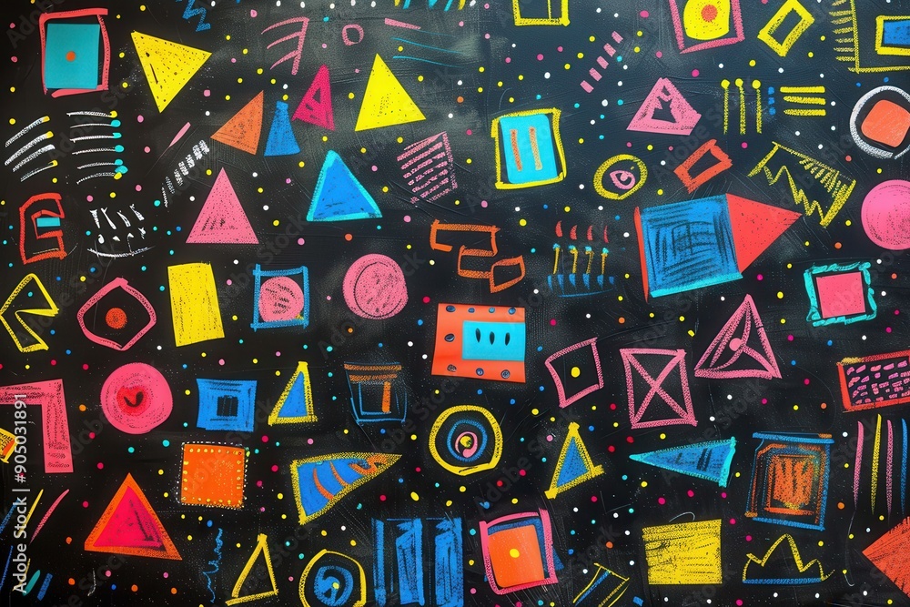 Poster a blackboard features an array of vibrant geometric shapes and patterns, showcasing creativity in an