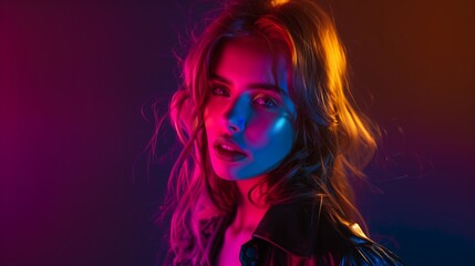 Fototapeta premium Beautiful woman close up portrait in neon light studio