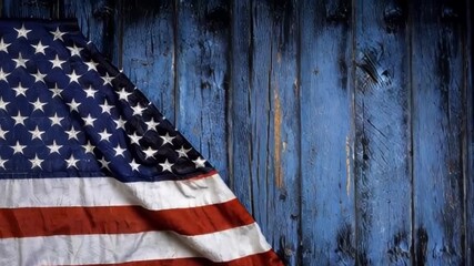 An American flag gently waves against a rustic blue wooden background, evoking feelings of nationalism and pride