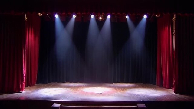 An empty theater stage lit by spotlights, setting a dramatic atmosphere ready for a performance