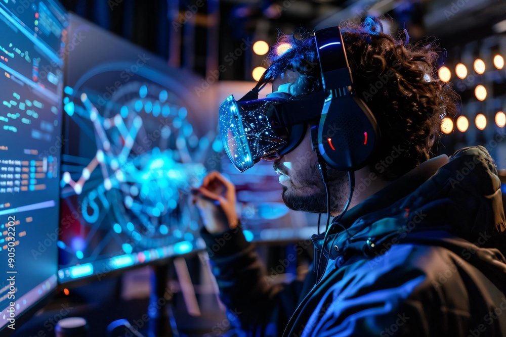 Poster a focused individual using virtual reality technology, immersed in a digital workspace with futurist