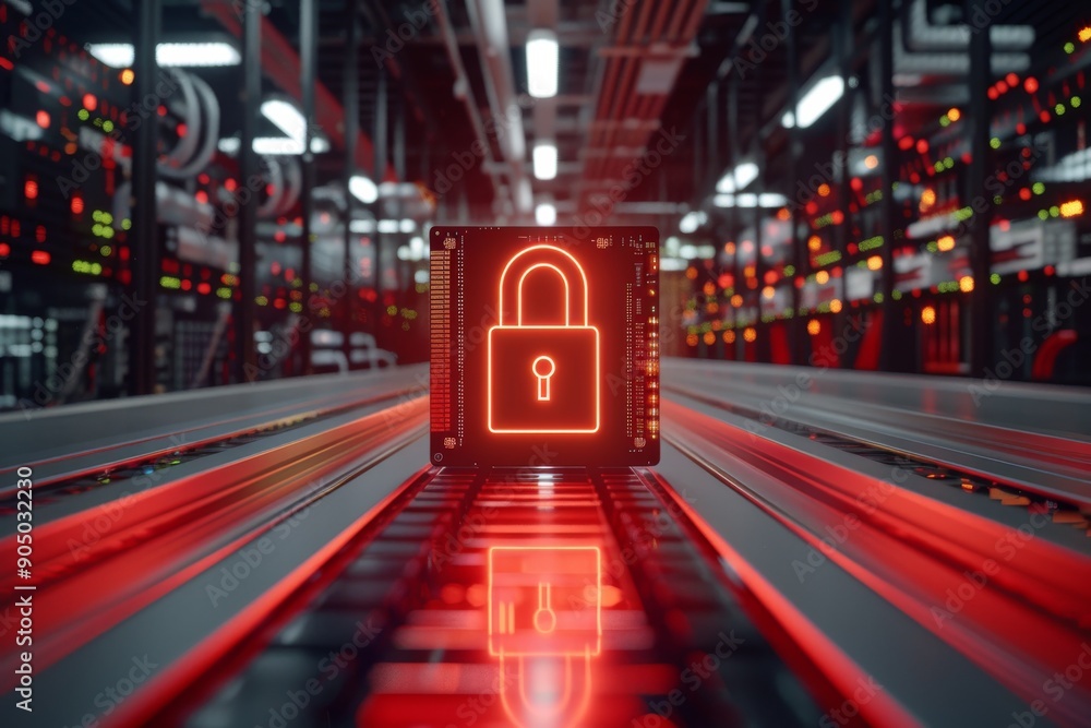 Aufkleber futuristic digital lock gateway in a vibrant cyber corridor emphasizes advanced cybersecurity soluti