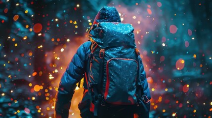 Fototapeta premium 68. Hiking Backpack, movie style, neon colors, abstract shapes, close-up, dramatic lighting, sparks,