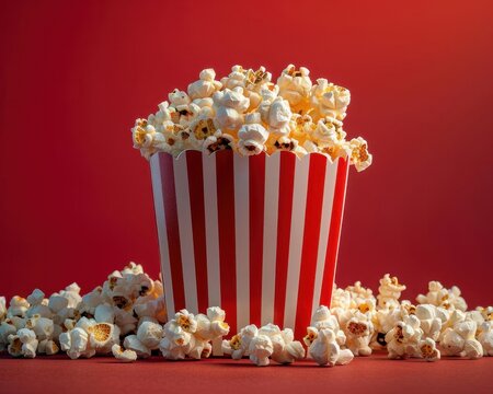 Striped red and white popcorn bucket on red background. - Powered by Adobe