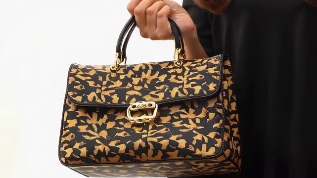 A close up of a stylish handbag being held, showcasing its elegant design and luxurious details in a modern fashion context