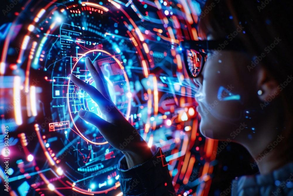 Aufkleber a close-up of a person interacting with a futuristic digital interface, showcasing vibrant neon grap
