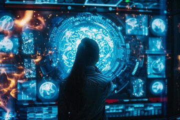 Naklejka premium A person interacts with a futuristic holographic interface, surrounded by glowing digital data and vibrant visual technology.