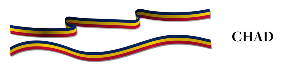 3d Horizontal Republic of Chad Flag Ribbons with shadows, isolated on white background. Chadian Flag Curled and rendered in perspective. Chad Flag band. Editable Vector Illustration.