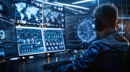 A tech-savvy individual engaged in data analysis, surrounded by multiple screens displaying global information and analytics.