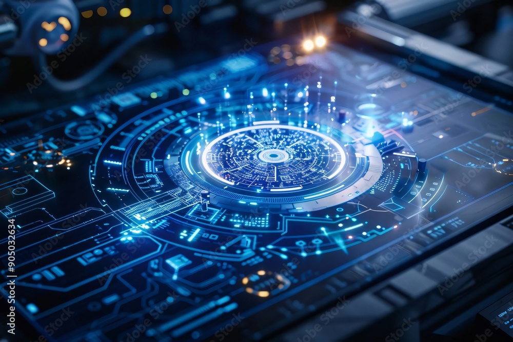 Poster futuristic interface showcasing advanced technology with glowing blue elements and intricate circuit