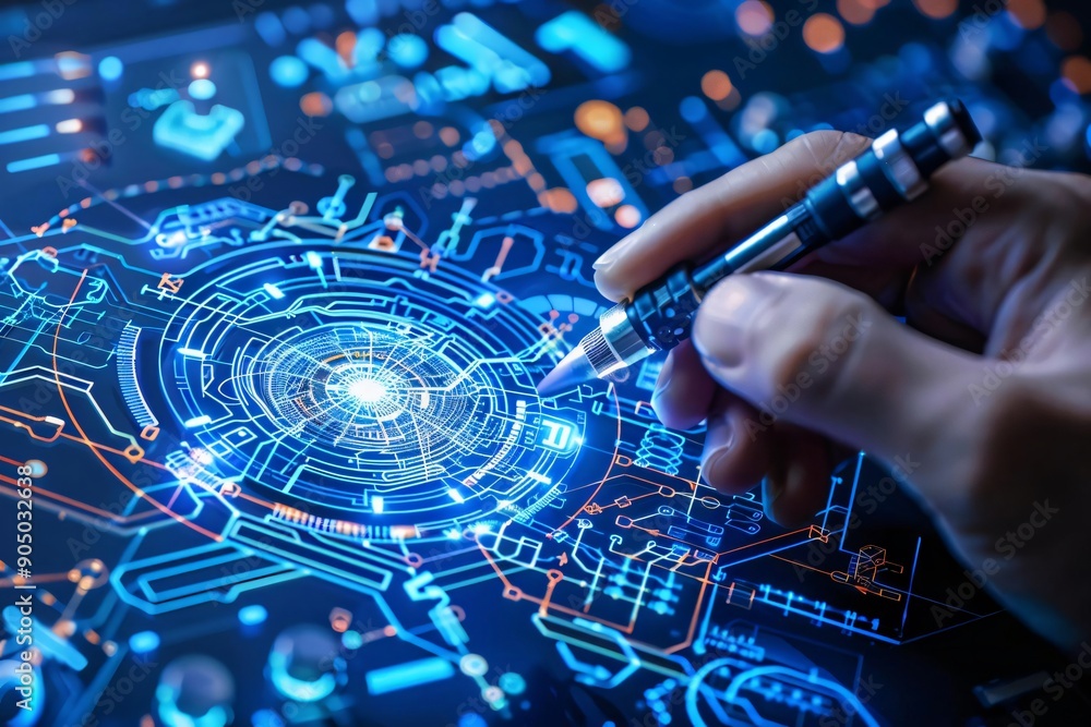 Poster close-up of a hand using a pen on a digital interface, showcasing futuristic technology and intricat