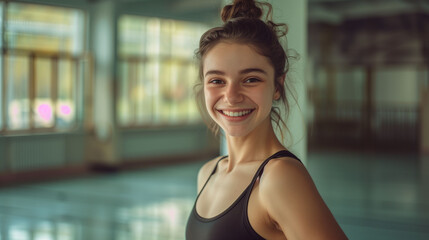 Joyful ballet dancer smiling in a spacious studio