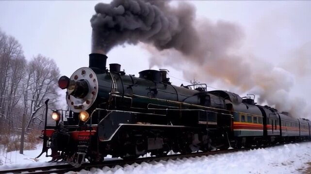 A steam train chugs through a snowy landscape, creating a nostalgic and powerful scene with rich motion dynamics