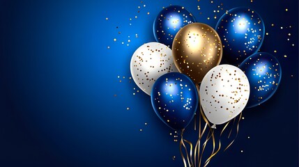 Fototapeta premium Colorful Blue White Gold Balloons with Confetti Ribbons Festive Party Background