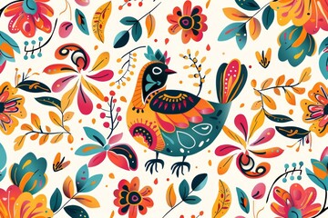 Obraz premium Folk Art Vector Pattern With Bird In Circle White Background 