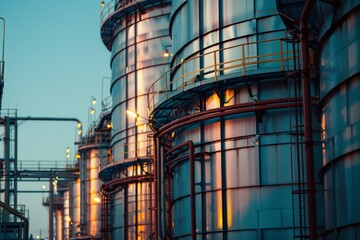 Industrial Metal Storage Tanks at Sunset with Reflections and Pipes in a Modern Facility