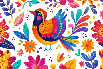 Naklejka premium Folk Art Vector Pattern With Bird In Circle White Background 