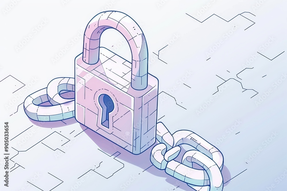 Poster outlined digital lock on a technical blueprint, merging architectural precision with cybersecurity i