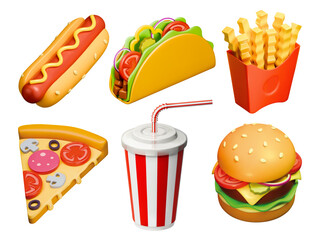 3d fastfood realistic render icon set. Streetfood vector illustration