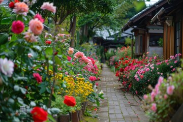 Fototapeta premium A pathway in a Japanese village adorned with vibrant roses in full bloom, creating a picturesque garden setting, Grandparents' picturesque garden in full bloom