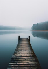 Minimalist Vertical Landscape with Foggy Lake and Wooden Pier - Serene Nature Scene Perfect for Calm and Tranquil Ambience
