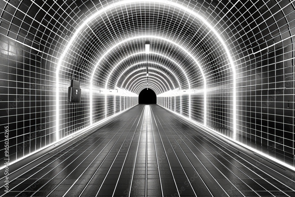 Aufkleber perspective view through a digital tunnel with neon-lit padlock symbolizing endless possibilities in