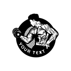 Fototapeta premium logo of a muscular man lifting dumbbells with his right hand black and white vector