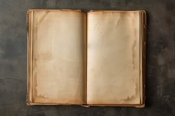 Overhead view of an open old book with blank pages
