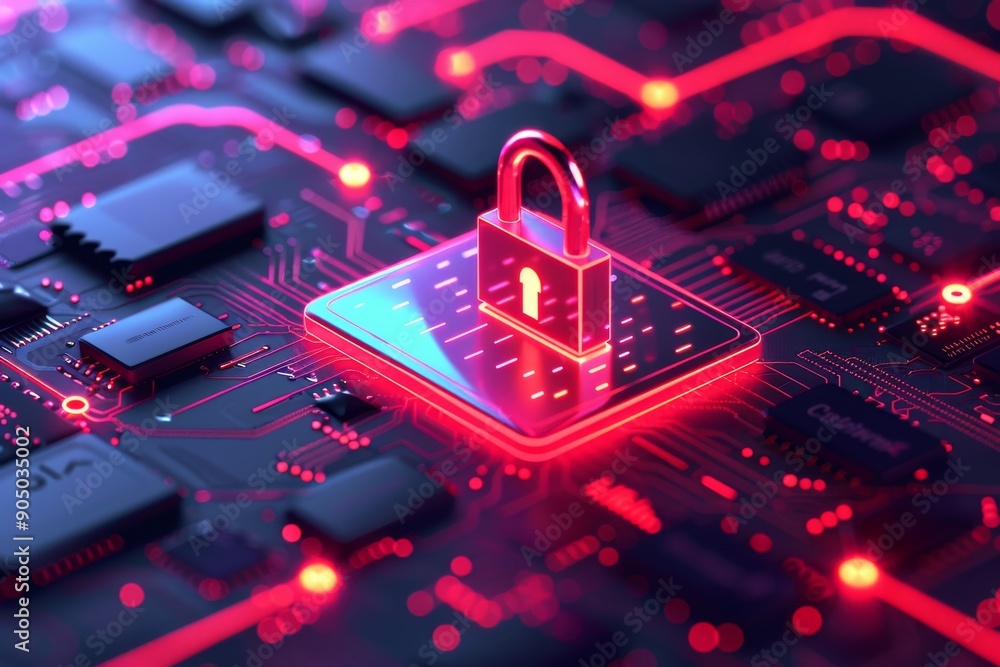 Poster futuristic digital lock glowing red in cybernetic environment, showcasing advanced encryption protoc