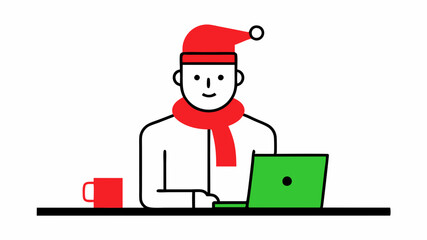 Vector Line Art: Man with Laptop in Christmas Santa Hat Working from Home