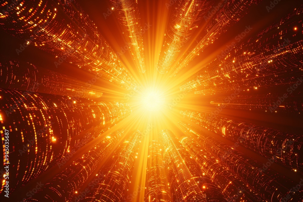Poster radiant sunburst in network cables context suggests explosive growth and dynamic expansion of digita