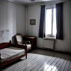 Artistic illustration. Old room with poor renovation and furniture. There is a window