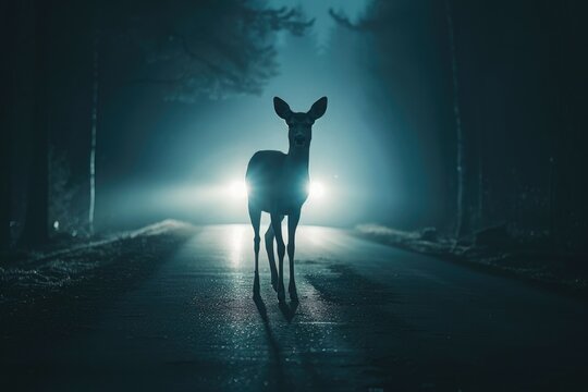 blue Deer silhouetted against car headlights on a dark road.