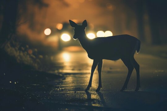 Deer silhouetted against car headlights on a dark road.