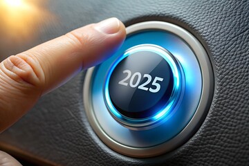 Fototapeta premium Hand Pressing 2025 Start Button with Blue Light for New Year and Christmas