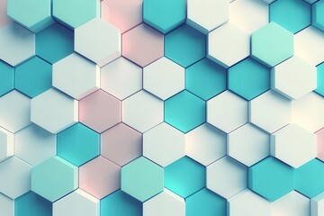 Fototapeta premium Abstract geometric pattern of blue, pink, and white hexagons.