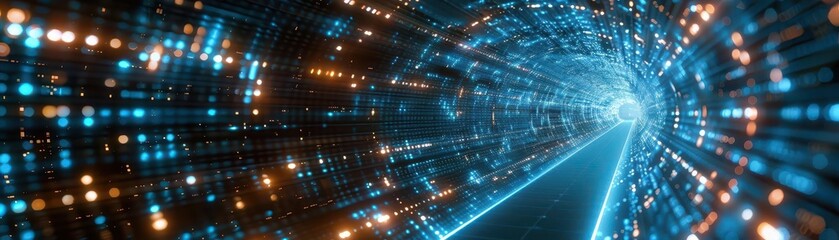 A futuristic digital tunnel illuminated with glowing blue and orange lights, representing advanced technology and data transmission.