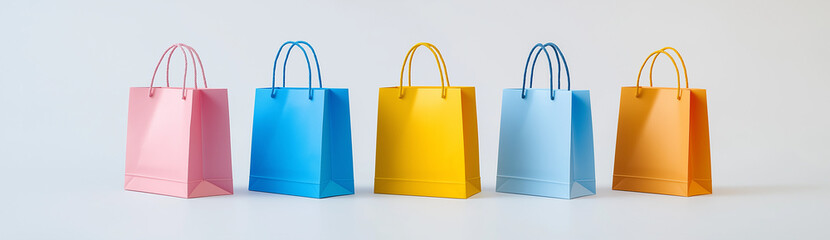 5 different colored paper shopping bags, white background, isolated from the edges of the canvas, high resolution, high quality, hyper realistic product photography in the style of professional studio