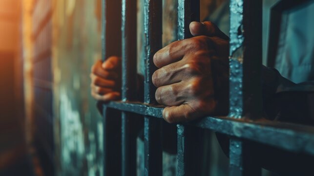 A man's hands grip the bars of a jail cell, his knuckles white with tension.