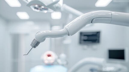 A humanoid robot performing a dental cleaning on a patient in a brightly lit, futuristic dental clinic