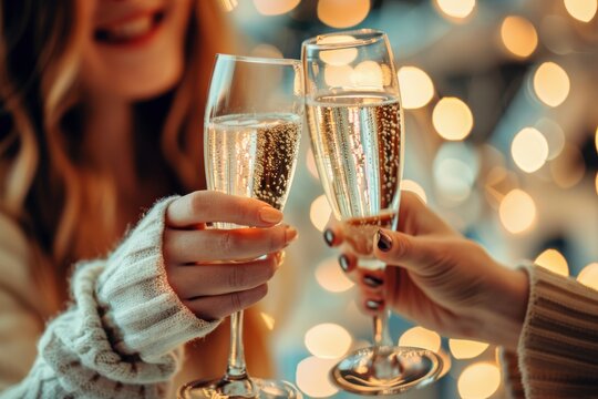 Close-up of women clinking glasses filled with sparkling drinks