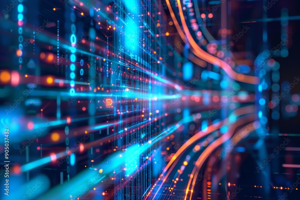 Poster Digital abstract of data transfer process on a computer screen, Graphical representation of data transfer