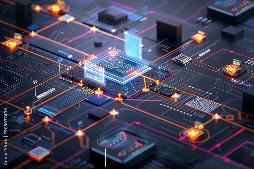 Poster close-up view of an electronic circuit board displaying graphical data transfer representation, grap