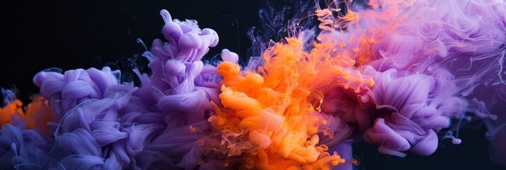 Obraz premium Vibrant Ink Swirls in Beautiful Shades of Purple and Orange Set Against a Dark Black Background