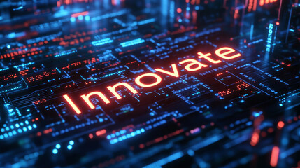 Obraz premium Innovate - futuristic circuit board showing innovate in red neon light